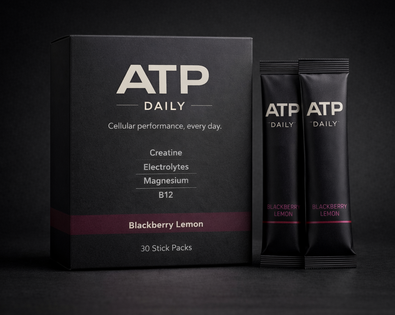 ATP Daily supplement packaging with a black background